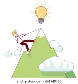 Business man working hard climbing mountain to accomplish his great big idea. Success determination and hard work concept. Modern flat style thin line vector illustration isolated on white background.