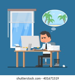 Business man working hard and dreaming about vacation on a beach. Vector illustration in flat cartoon style. Office worker in stress dreaming to go to tropical island.