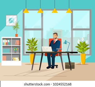 Business man working at her office. Vector flat style illustration