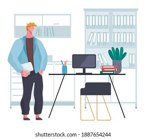 Business man working at his office standing near the table with computer. Vector flat style illustration with a cute young guy student or employee dressed in casual clothes at his workplace