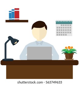 Business Man Working At His Office Desk. Flat Style Illustration