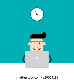 Business Man Working With Laptop Computer. Business Concept.Flat style vector illustration.
