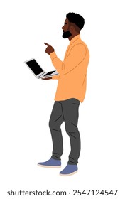 Homem de negócios trabalhando no laptop. Cara vestindo roupa de escritório casual inteligente vista lateral de pé com computador. Ilustração realista de vetor isolada sobre fundo branco.
