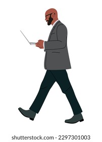 Business man working at laptop. Handsome black man wearing formal office outfit walking and looking at computer. Vector realistic illustration isolated on white background