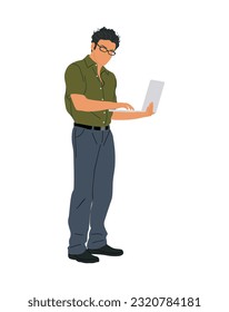 Business man working at laptop. Handsome guy wearing smart casual office outfit standing with computer. IT specialist Vector realistic illustration isolated on transparent background.