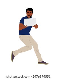 Business man working at laptop. Handsome bearded man wearing smart casual office outfit running with computer. Vector realistic illustration isolated on transparent background. Hand drawn, not AI