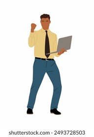 Business man working at laptop. Handsome man wearing smart casual office outfit standing with computer. Vector realistic illustration isolated on white background.