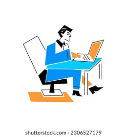 business man working with laptop and papers. geometry vector illustration