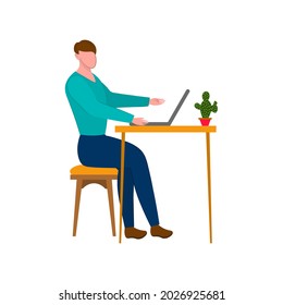 Business man working in a laptop at the table. People work with laptop computer, online business communication. Vector flat illustration. 