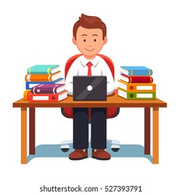 Business man working and learning sitting on an chair at desk with stacks of books and document binders. Studying hard and writing report. Flat style vector illustration isolated on a white background