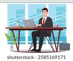 Business man working at office desk, business vector illustration