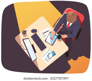 Geschäftsmann, der am Schreibtisch arbeitet, Draufsicht. Geschäftsmann Manager Person Cartoon Charakter sitzen mit Tablet-Computer, trinken Kaffee. Moderne Beschäftigung am Arbeitsplatz Flat Vektorgrafik