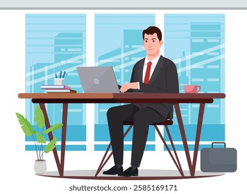 Business man working at office desk, business vector illustration