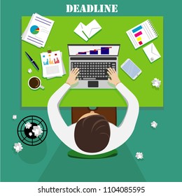 Business man working in the office on laptop, Deadline, vector Flat design illustration, top view