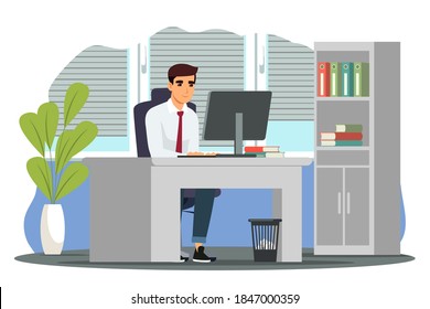 Business man working on computer in office. Businessman sitting at table with monitor, keyboard and books. Professional workplace vector illustration. Interior design.