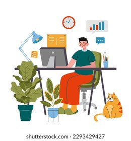 Hombre de negocios trabajando en un ordenador en el escritorio, lugar de trabajo acogedor lindo, estilo de dibujos animados. Carrera en línea, concepto de trabajo por cuenta propia.  Ilustración vectorial moderna de moda, diseño plano.