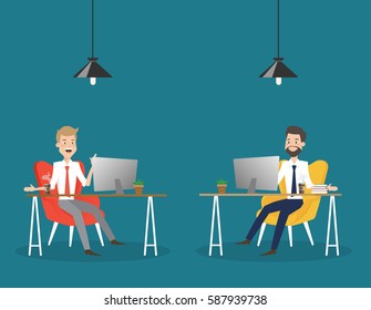 Business man working on computer at office desk.