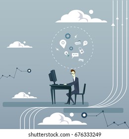 Business Man Working On Computer Thinking Brainstorming Concept Over Abstract Finance Graphs Background Flat Vector Illustration