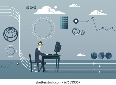Hombre De Negocios Trabajando En El Concepto De Idea Informática De Lluvia De Ideas Sobre Gráficos Abstractos De Finanzas Ilustración De Vectores Planos De Fondo
