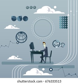 Business Man Working On Computer Thinking Brainstorming Concept Over Abstract Finance Graphs Background Flat Vector Illustration