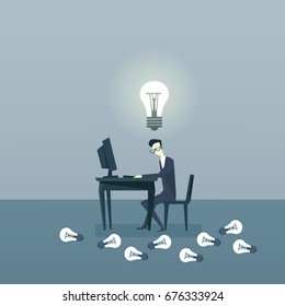 Business Man Working On Computer With Light Bulb New Idea For Startup Concept Flat Vector Illustration