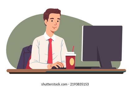 Business man working on desktop computer sitting at office desk. Professional businessman manager person cartoon character in tie. Modern workplace technology, job occupation flat vector illustration