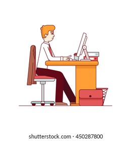 Business man working on a desktop computer at the office desk. Sitting on chair and keyboard typing. Modern flat style thin line vector illustration. Concept isolated on white background.