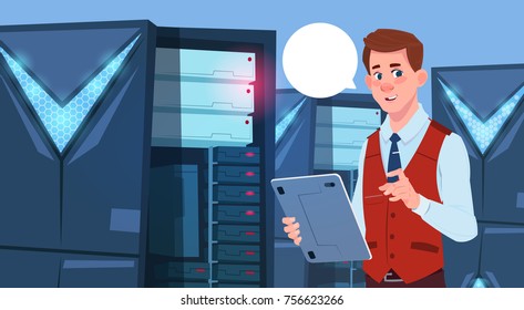 Business Man Working On Digital Tablet In Modern Database Center Or Server Room Businessman Engeneer Flat Vector Illustration