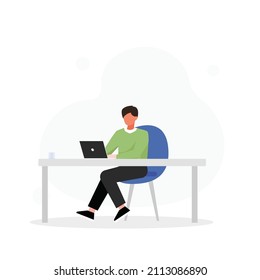 Business Man Working On Laptop  At Her Clean And Sleek Office Desk, Office Worker. Flat Vector Concept Illustration Modern Vector.