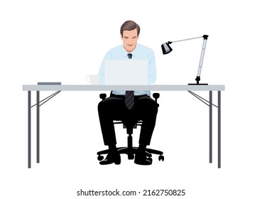 Business man working on a laptop computer at office desk. Young happy entrepreneur. Cartoon flat style color modern vector illustration isolated on white background. 