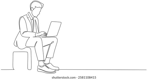 business man working on laptop line art style vector illustration