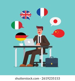 Business man working on a laptop speaking many different languages. Multi language translator concept illustration. Vector illustration