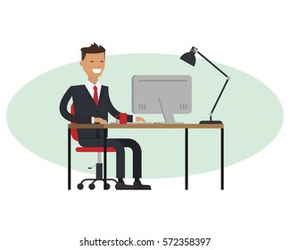 Business man working on a laptop computer office desk. Flat style vector illustration.