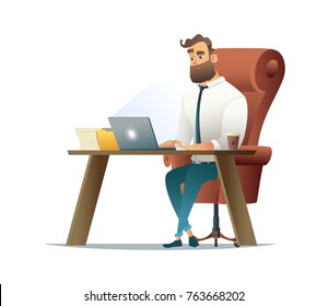 Business man working on the laptop. Vector illustration cartoon style.