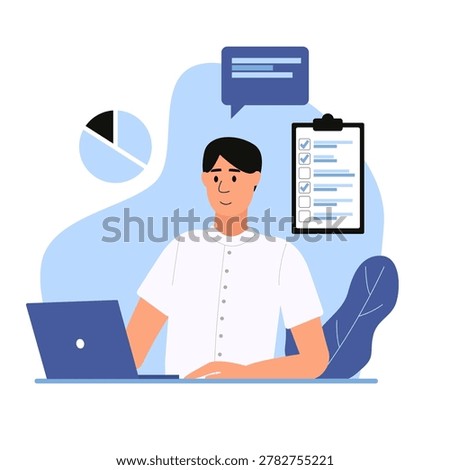 Business man working on laptop with checklist chart and chat bubble, flat vector illustration of office worker analyst freelancer, blue white modern concept.