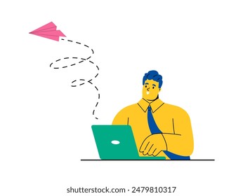 Business man working on laptops. Concept  working process, management, freelance. Flat vector illustration isolated on white background
