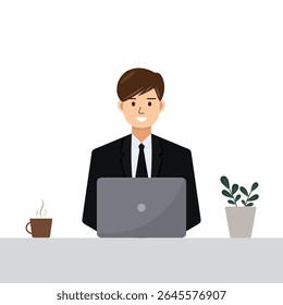 Business man working on laptop.Young man in black suit, office worker with computer, hot coffee and plant pot on desk at the workplace.Vector graphic illustration cartoon.