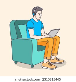 Business man working on a sofa using laptop from home flat coloring line art minimal illustration