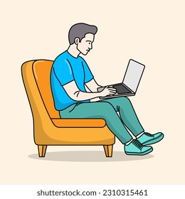 Business man working on a sofa using laptop from home flat coloring line art minimal illustration