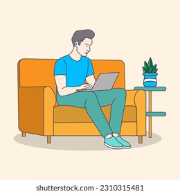 Business man working on a sofa using laptop from home flat coloring line art minimal illustration