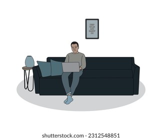 Hombre de negocios trabajando en un sofá usando un portátil de la línea de color plana del hogar arte ilustración mínima