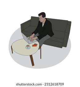 Business man working on a sofa using laptop from home flat coloring line art minimal illustration