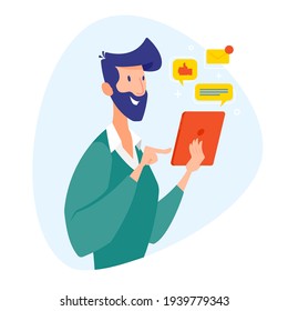 Business man working on a tablet, around the icons of messages, letters, social networks. Illustration in cartoon style