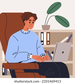 Business man working online at laptop computer, sitting in armchair. Businessman typing, surfing in internet with notebook on knees. Office worker, male employee at PC. Flat vector illustration