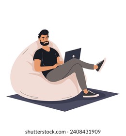 Hombre de negocios trabajando en línea en un ordenador portátil sentado en una silla de maleta de frijol. Empleado masculino en pc. Concepto de oficina en casa, trabajo a distancia, estudio, conferencia en línea. Vector plano de dibujos animados.
