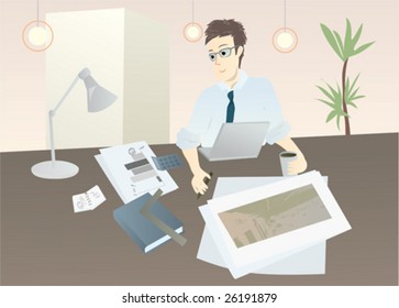 Business man working for projects and spreading papers