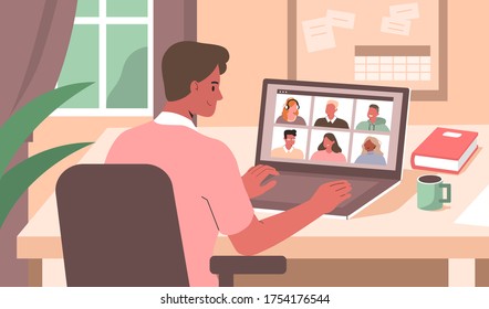 Business Man working Remote at Home and using Laptop for Video Meeting with Colleagues. People Characters Talking Online. Video Conference Concept. Flat Cartoon Vector Illustration. 