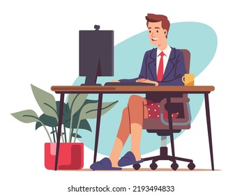 Hombre de negocios trabajando remotamente en un ordenador de sobremesa sentado en el escritorio. Persona gerente con traje formal en una oficina en otro lugar. Comunicación en línea, freelance, distancia en el lugar de trabajo ilustración vectorial plana