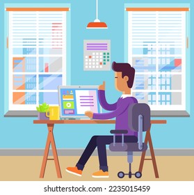 Business man working remotely on desktop computer. Manager male character, person in distant home office. Online distance work, freelance concept. Person communicates on social network at workplace
