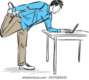 bUSINESS man working and stretching in front of a laptop computer vector illustration
